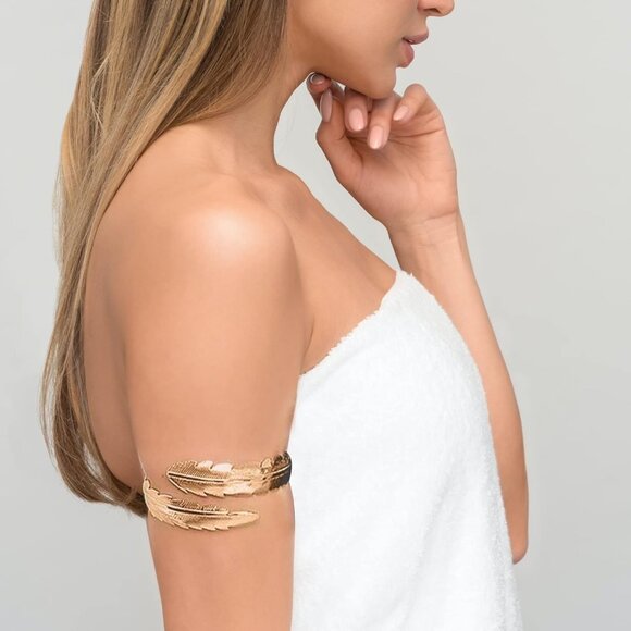 Luxury Adjustable Arm Cuffs Set - Elegant Golden Feathers & Greek Goddess Design - Picture 5 of 6